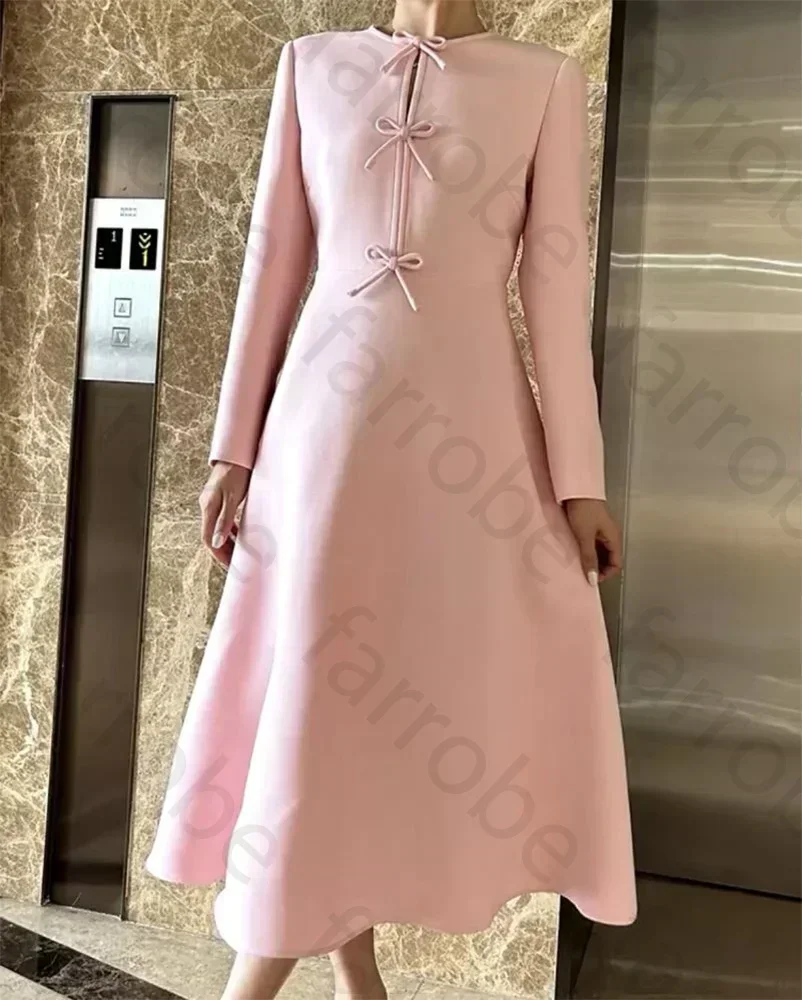 

Платье для выпускного вечера с длинным рукавом и круглым вырезом с бантом до щиколотки, высокое качество, торжественное платье, розовые вечерние вечерние платья для женщин по индивидуальному заказу