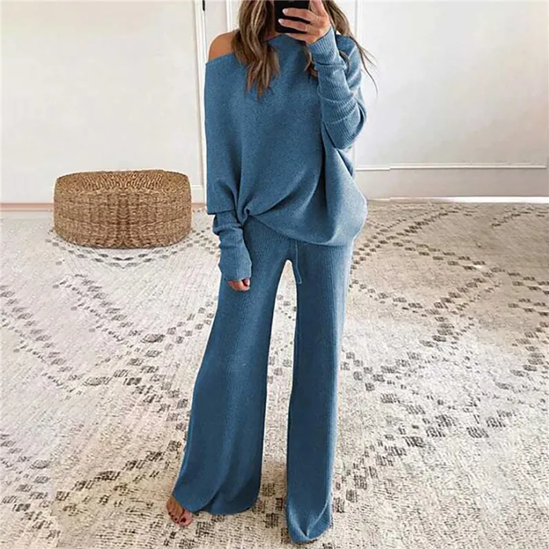 2pcs Pant Suits Women Pajamas Outfits Knitted Loose Casual Pullover Homewear Elastic Waist  Autumn Winter Tracksuits Pajama