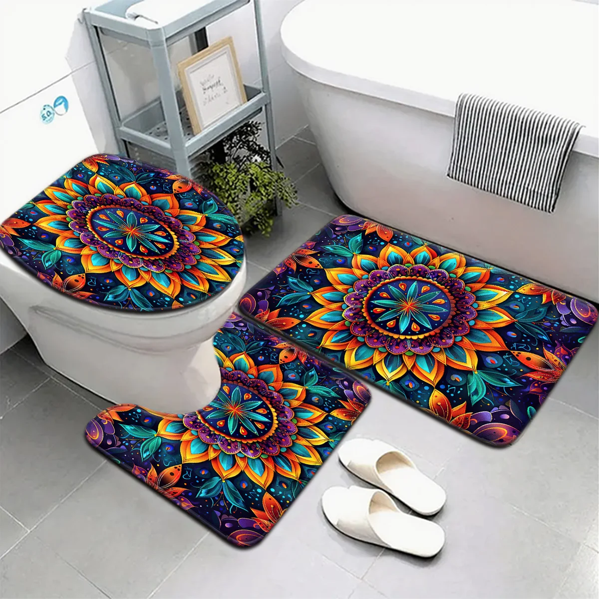 

3pcs Vintage Mandala Bathroom Rug Set Non-Slip U-Shaped Mat and Toilet Lid Cover Ethnic Floral Theme Washable Floor Mats