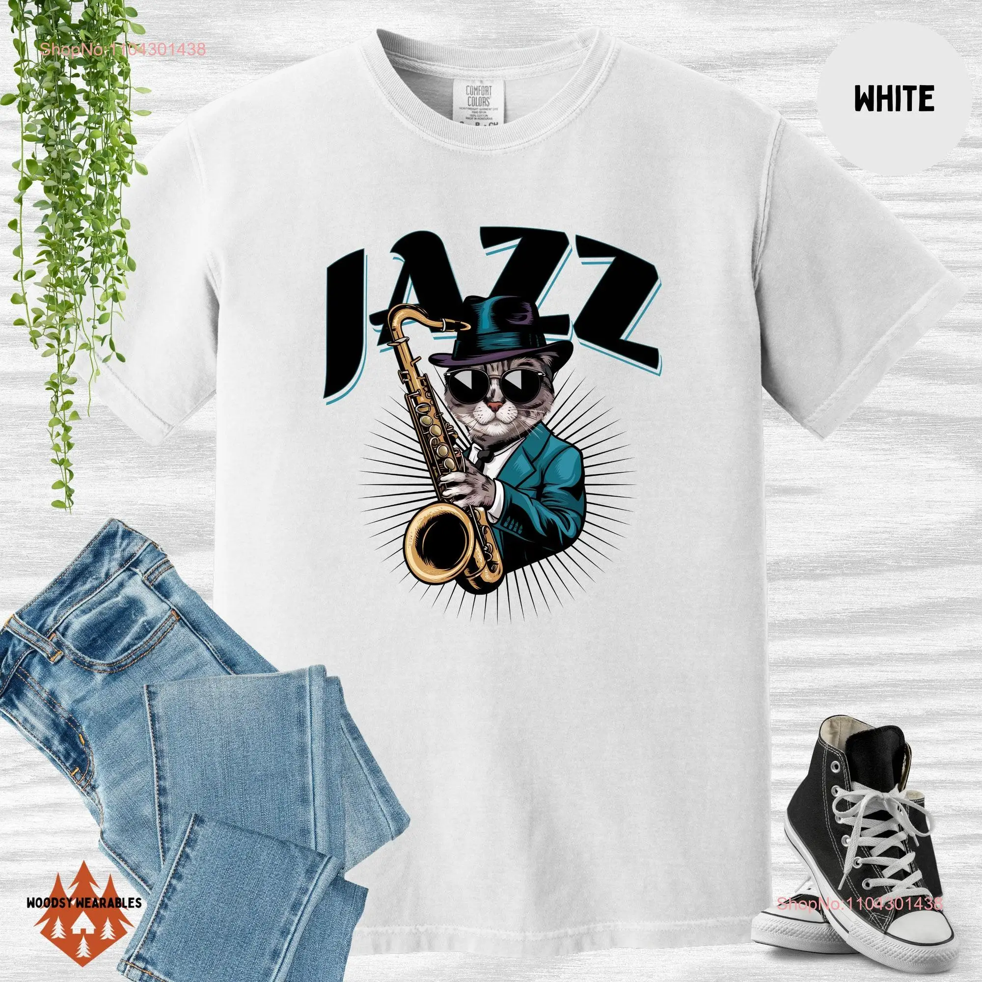 Jazz Saxophone T Shirt Cat Cool Saxophonist Music Comfort Colors long or short sleeves