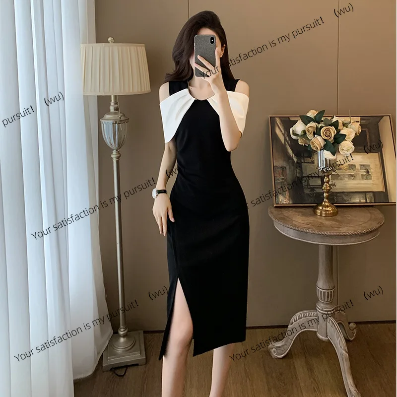 

Stylish and elegant V-neck off-the-shoulder dress, contrasting color splicing fake two-piece split mid-length dress