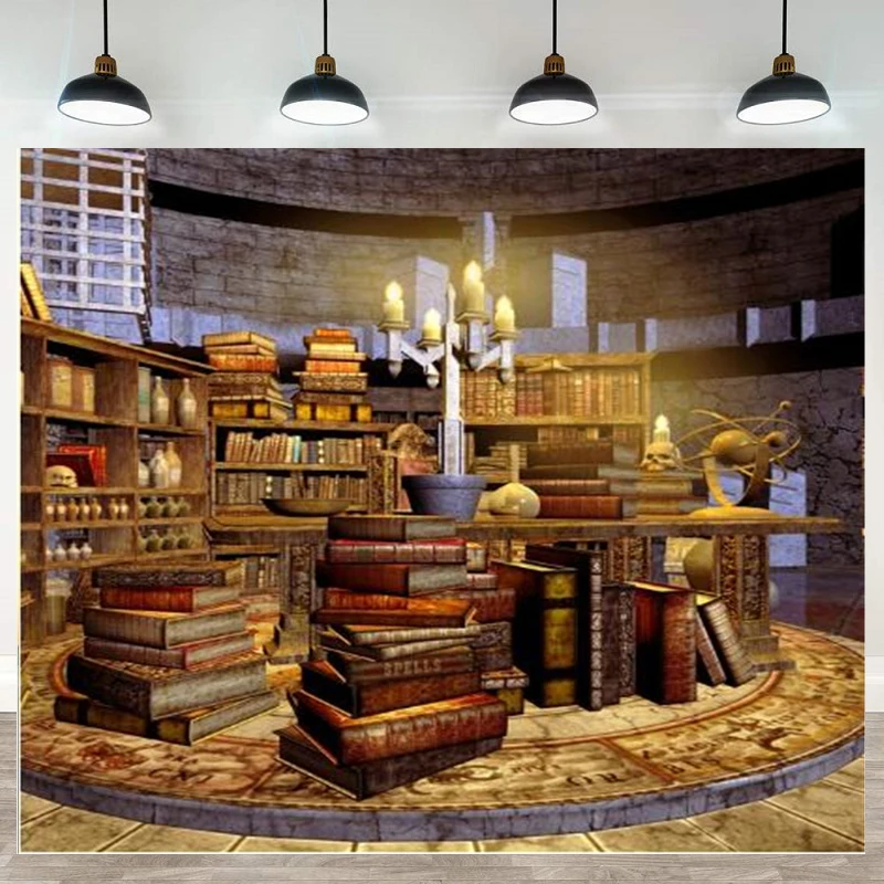 Photography Backdrop Old Woodden Shelf Book Candles Skull Laboratory Interior Poster Background Banner Photocall Photo Studio