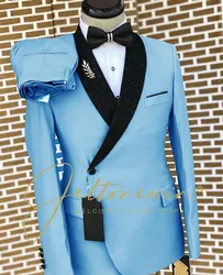 Double Breasted Formal Sky Blue Wedding Men Suit Set Slim Fit Groomsmen Groom Tuxedo Shiny Shawl Lapel Blazer Pants 2Pcs