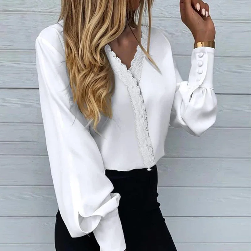 Women Sweet Love Heart Painting Print Long Sleeve White Shirt Fashion Sexy Lace V-Neck Blouse Chic Top Blusa Femininas Elegantes