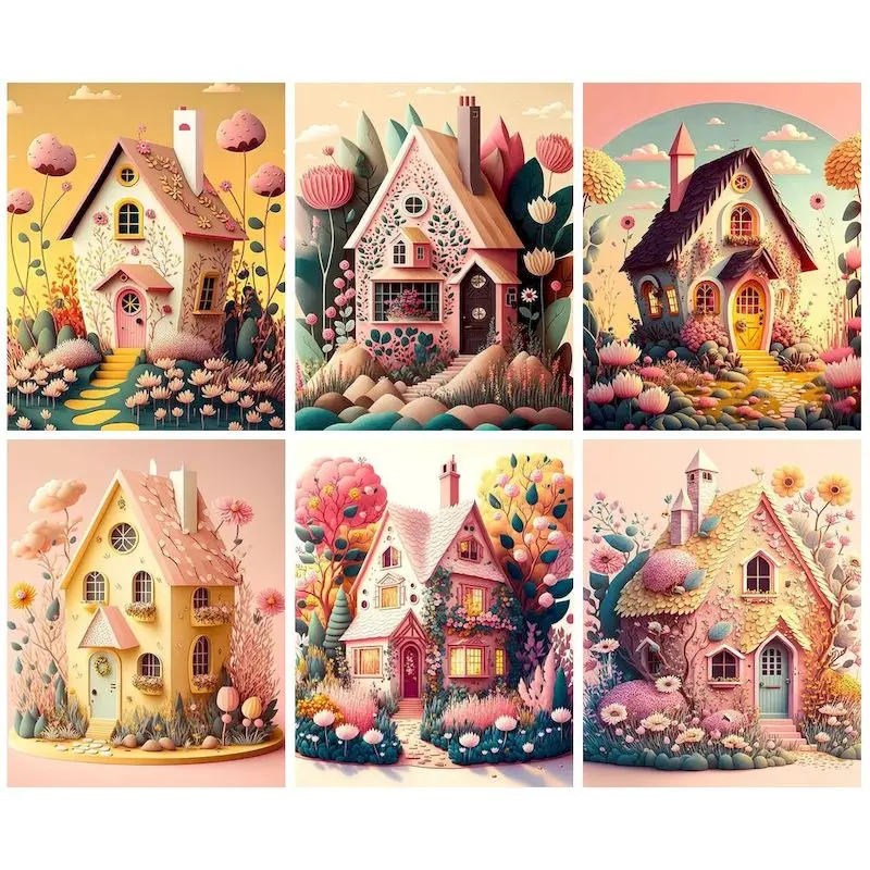 

CHENISTORY Acrylic Paint By Number Cartoon House Scenery Kits For Adults Handpainted DIY Coloring By Number Drawing On Canvas