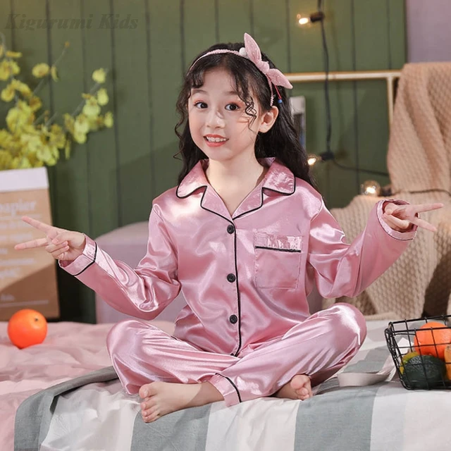 3 6 9 12 14 y l k z saten pijama cocuklar ipek pijama setleri k zlar pijama ust pantolon tak m elbise pembe uzun k sa cocuk pijama AliExpress
