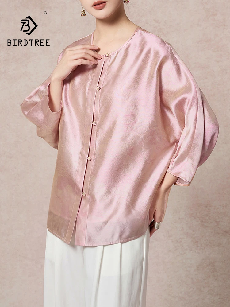 

BirdTree-16MM 100%Real Silk Elegant Shirt, 3/4 Sleeve Jacquard, Women Retro Commute Thin Loose Blouse, 2026 Spring New T63742CC