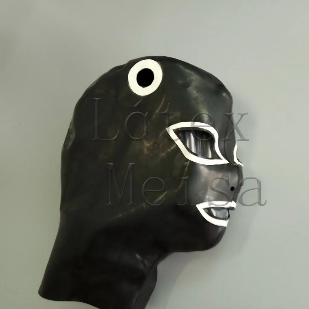 Adult's latex catsuit mask in black and white trim color(including hair holes) with back zip