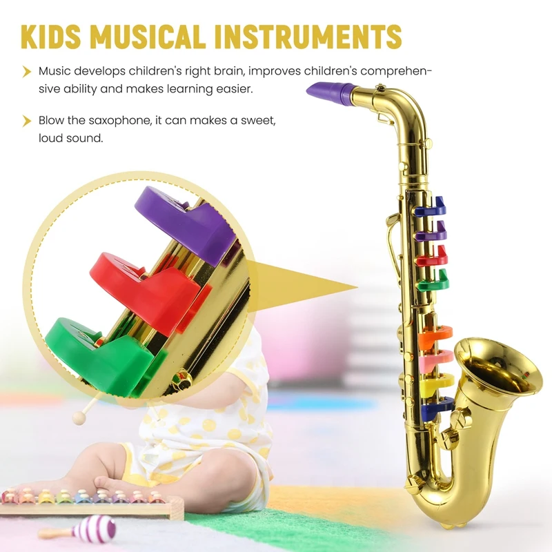 แซ็กโซโฟน 8 ปุ่มสีโลหะจําลอง Props เล่นมินิดนตรี Wind Instruments สําหรับของเล่นวันเกิดเด็ก