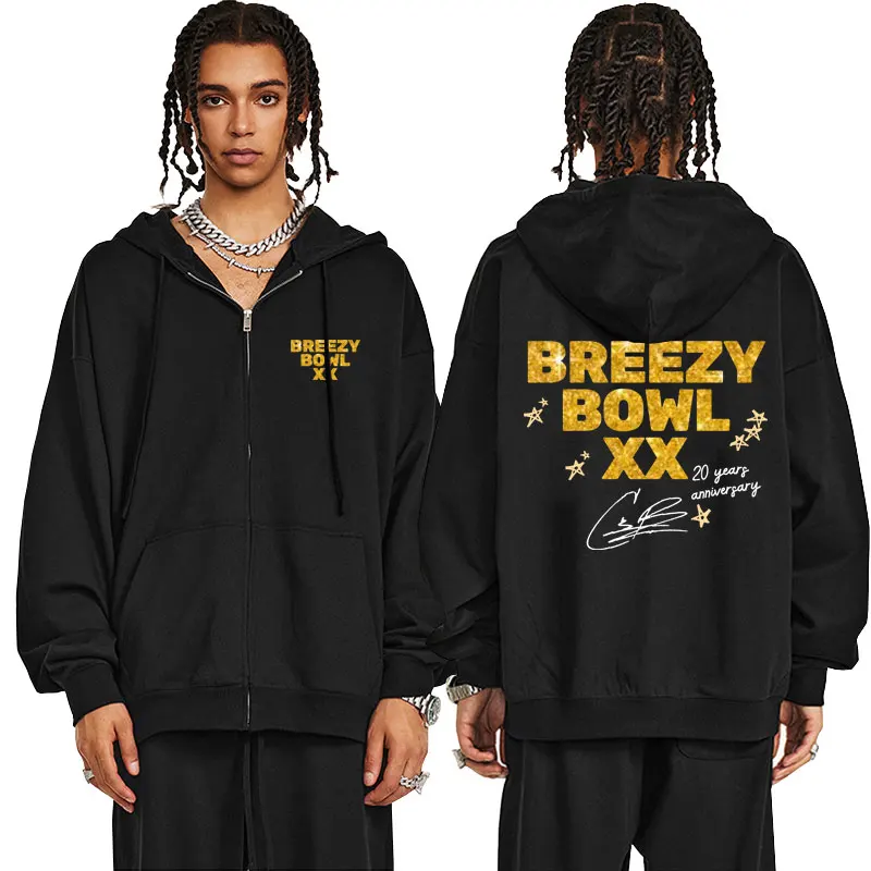

Rapper Chris Brown Breezy Bowl XX Tour 2025 Zipper Hoodie Men Women Hip Hop Fashion Pop Music Fans Casual Retro Zip Up Jacket