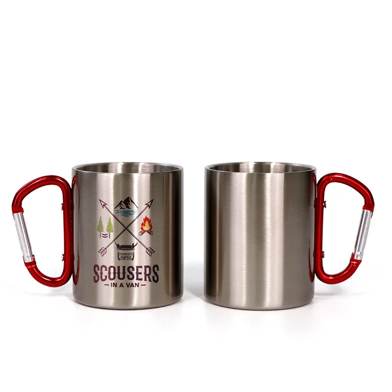 

4 pcs Sublimation Blank Stainless Steel Coffee Cup Double Walled Carabiner Mug With Handle 300ml Outdoor Camping Travel Portable