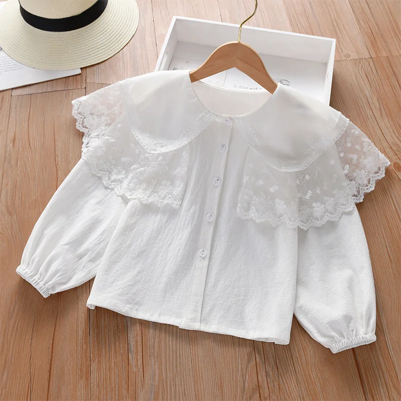 Shirts for Girls White School clothes Girls Blouses Long Sleeve Kids Tops Lace Cotton Children Clothes Vestidos 6 8 10 14 Years