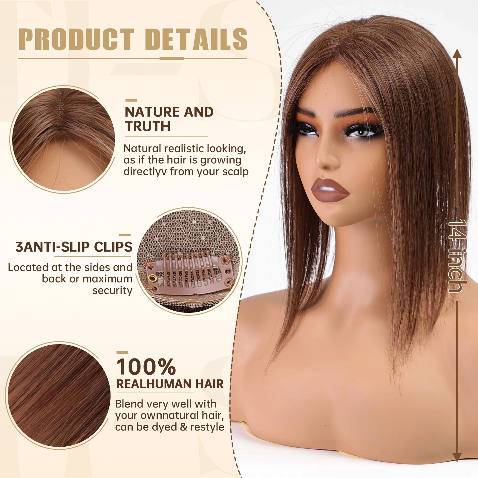 Rambut Palsu Cokelat Tua 100% Remy Human Hair Topper Belahan Tengah untuk Wanita Rambut Rontok Basis Sutra Lace 3 Jepit Rambut di Atas Kepala