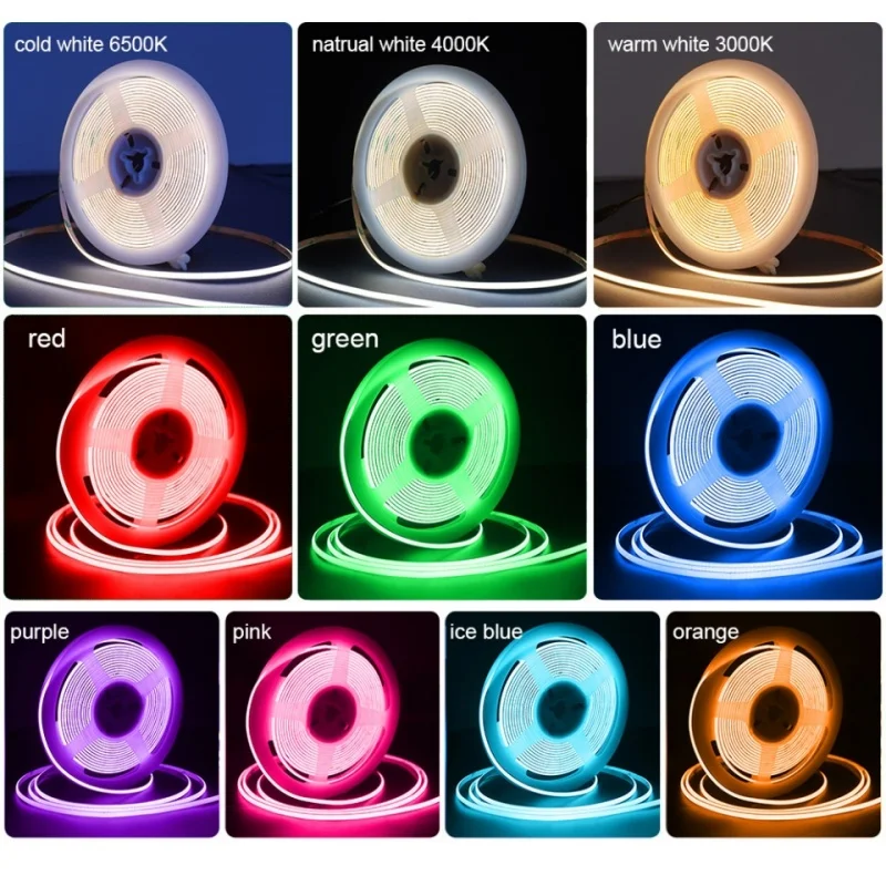 Imagem -02 - Super Slim Cob Led Strip Lights dc 5v 12v 480leds por m Branco Quente Vermelho Verde Azul Rosa Amarelo Roxo Laranja Led String mm