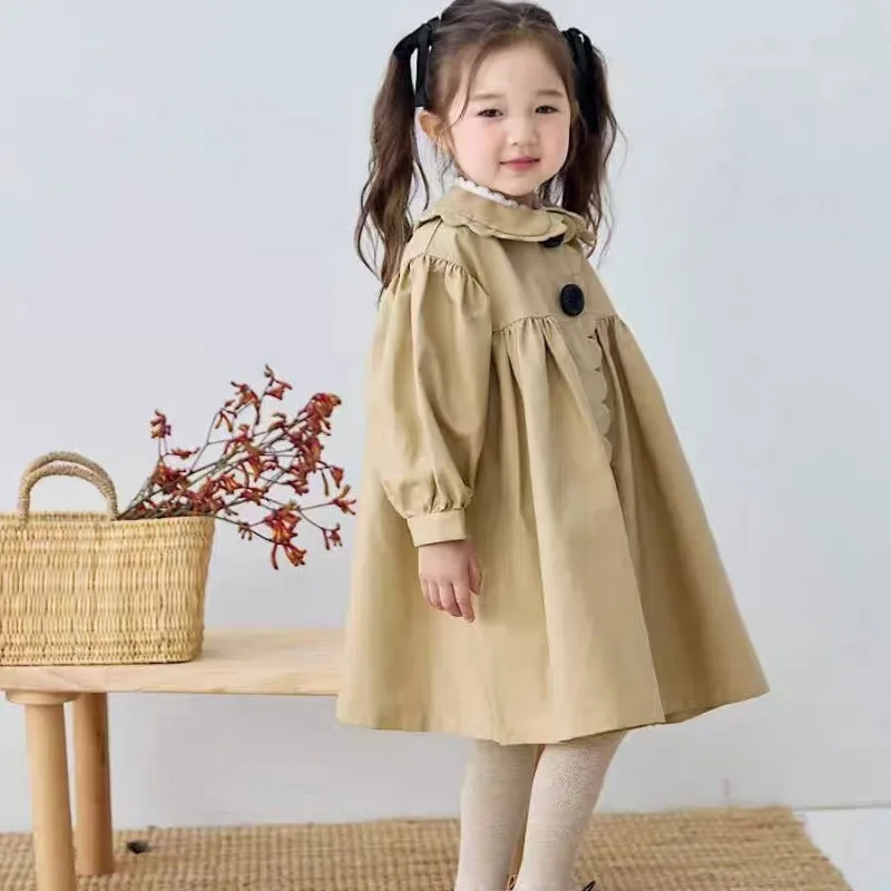 

Bear Leader Korean Version Plain Casual Simple Dress Autumn New Khaki Long Sleeved Lapel Dress Cute Baby Girl Clothes 2-7 Years