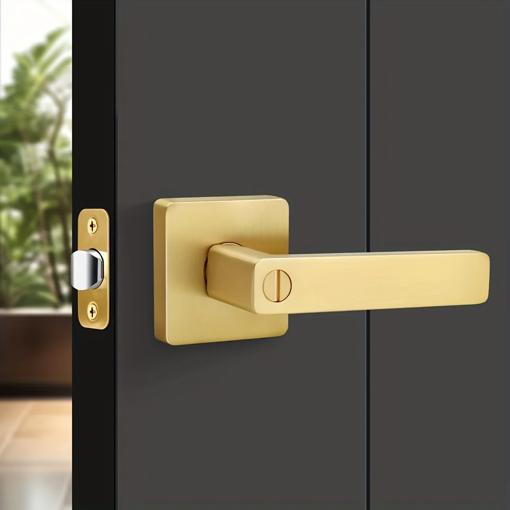 Brushed Gold Door Handles, Heavy Duty Keyless Privacy Door Lever, Reversible Square Door Handle Without Keys for Bedroom Bathroo