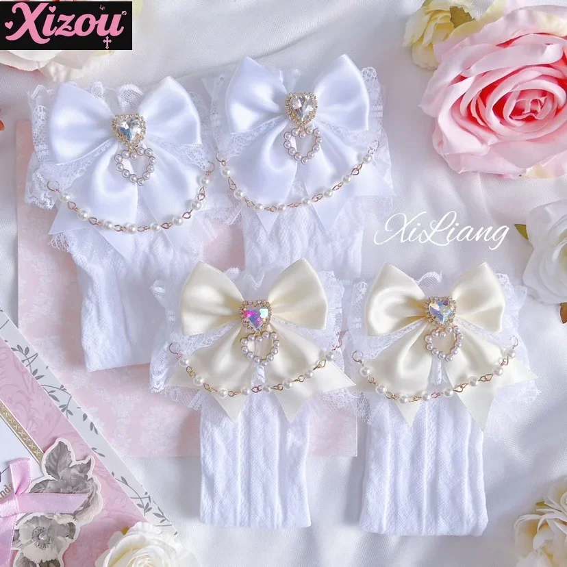 Kawaii Japanese Style Cute White Socks Girls Sweet Lolita Bow Pearl Heart Lace Socks for Women Spring Summer Mine Mid-Calf Socks