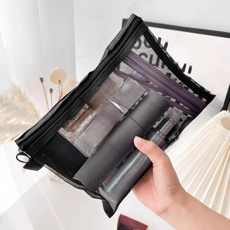 Fashion Black Toiletry Makeup Pouch Transparent Mesh Zipper Cosmetic Bag Women Travel Organizer