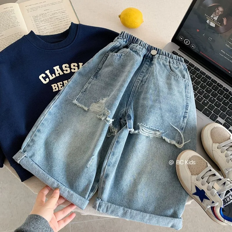 

Boys Spring Autumn Fashion Ripped Jeans Children Casual Elastic Waist Wide-leg Jeans Kids Casual Ripped Wide-leg Pants Trousers
