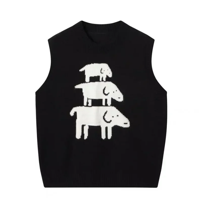 Kimotimo Cartoon Printed Sweater Vest Women Japanese Cute Outer Loose Sleeveless Pullover Autumn Fashion Preppy Style Knit Tops