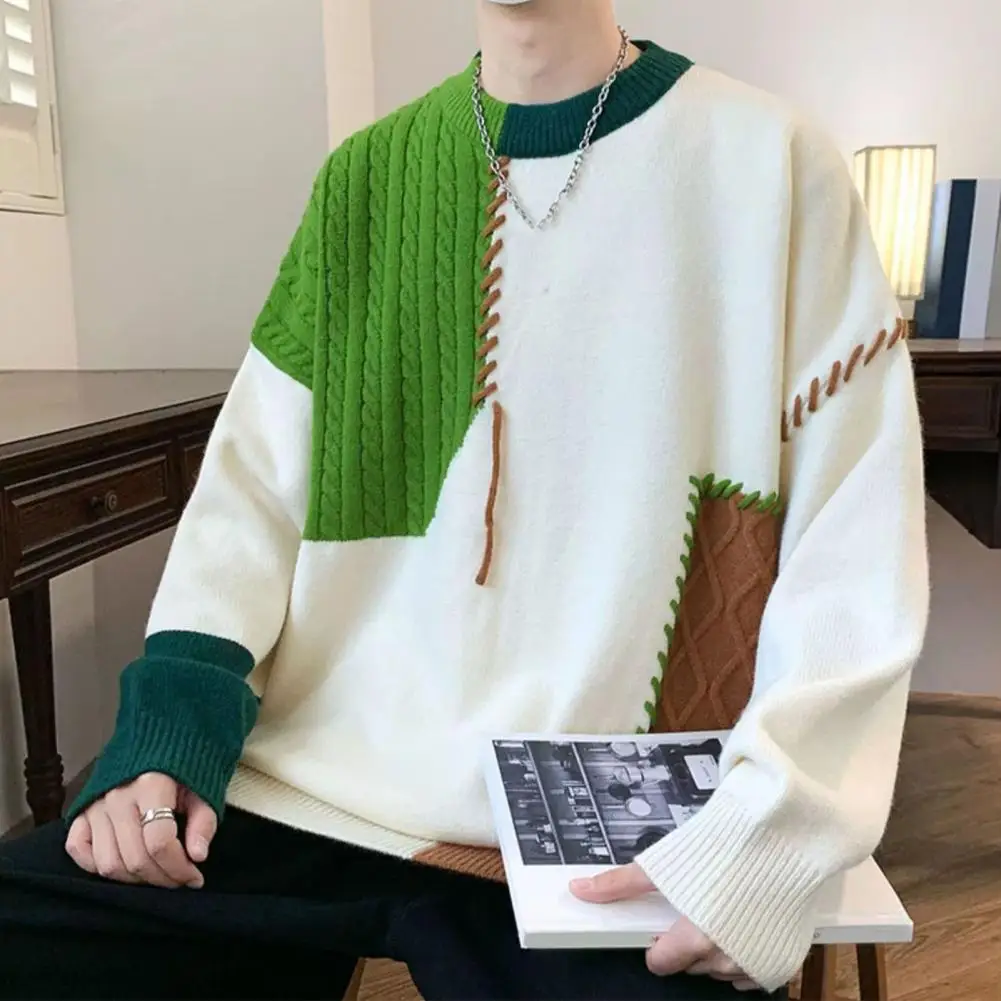 Sweater pria rajut warna blok, Sweater pria rajut nyaman dengan gaya kehangatan, Pullover leher Crew tebal dengan warna kontras untuk musim dingin