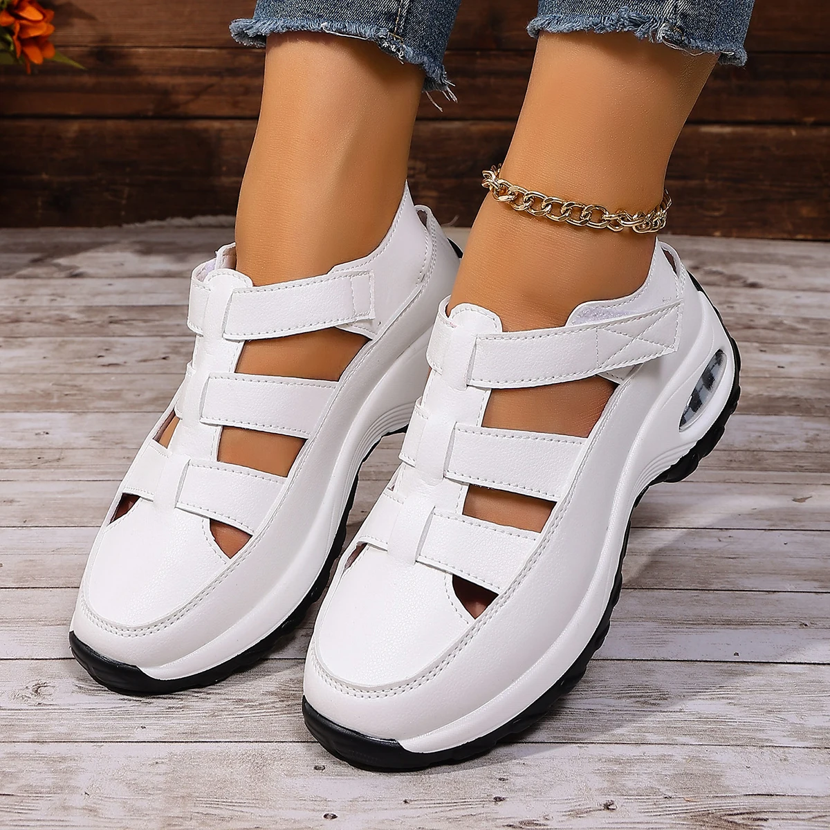 Women Platform Wedge Sandals Air Cushion Sole Adjustable Hook Loop Strap Outdoor Casual Ladies Walking Shoes