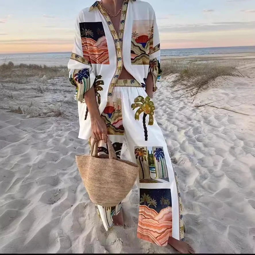 

2025 женская мода, повседневный удобный комплект из двух предметов с принтом, летняя стильная рубашка с воротником с принтом, широкие брюки, женский комплект