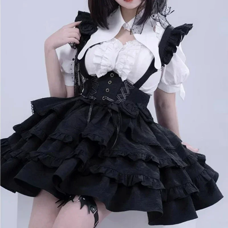 فستان لوليتا قوطي فيكتوري للنساء ، أسلوب بانك ، قوس وردي ، فساتين بحزام بلا أكمام ، هاراجوكو Y2k فستان قصير للحفلات ، ياباني