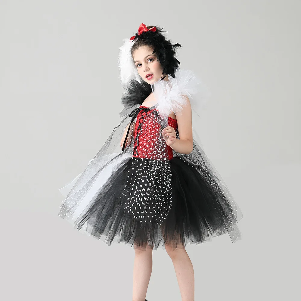 Girl Black And White Polka Dot Patchwork Color Tulle Tutu Dress For Kid Halloween Party Birthday Carnival Fancy Performance Wear