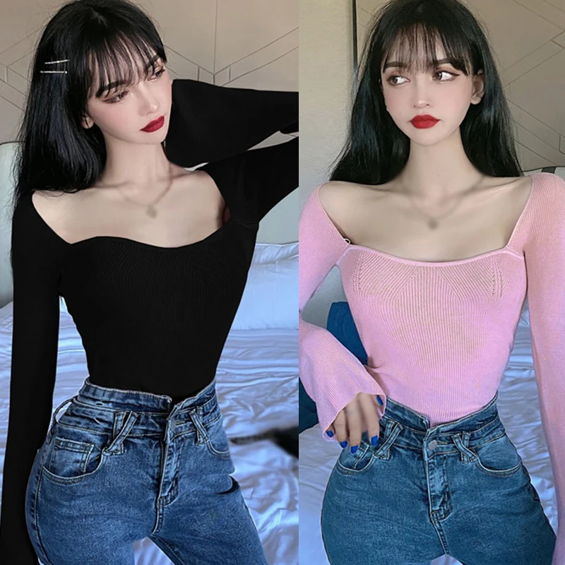 Spring Summer Women Long Sleeve Square Shawl Neckline Knitted Sexy Pull Sweater Shoulder Off Top Femme Pullover Clothes