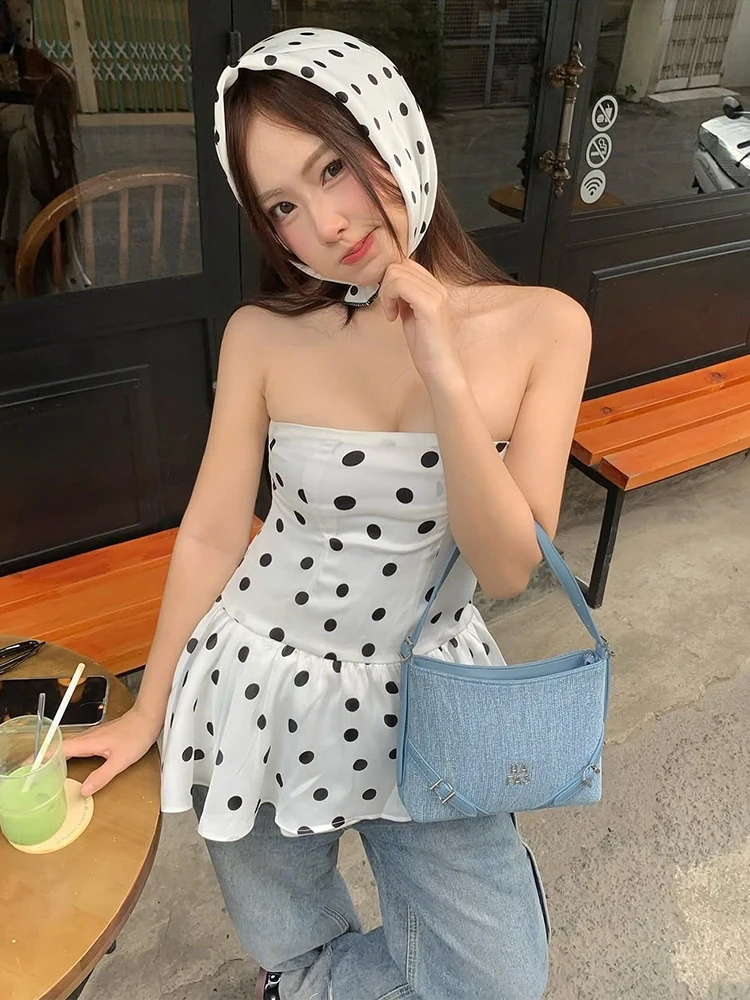 

Whatiwear Y2K милые стильные топы на бретелях + платок для женщин с принтом в горошек с открытыми плечами и открытой спиной с оборками подол уличные элегантные наряды