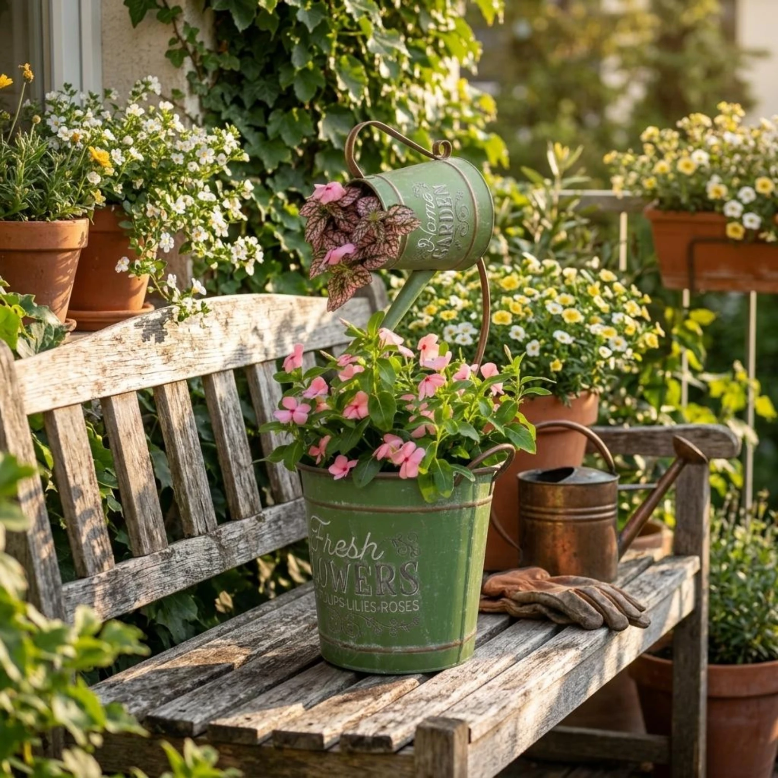 Vintage Metal Planter Embossed Rustic Plant Pot Watering Can Planter Decorative Home Decoration for Balcony