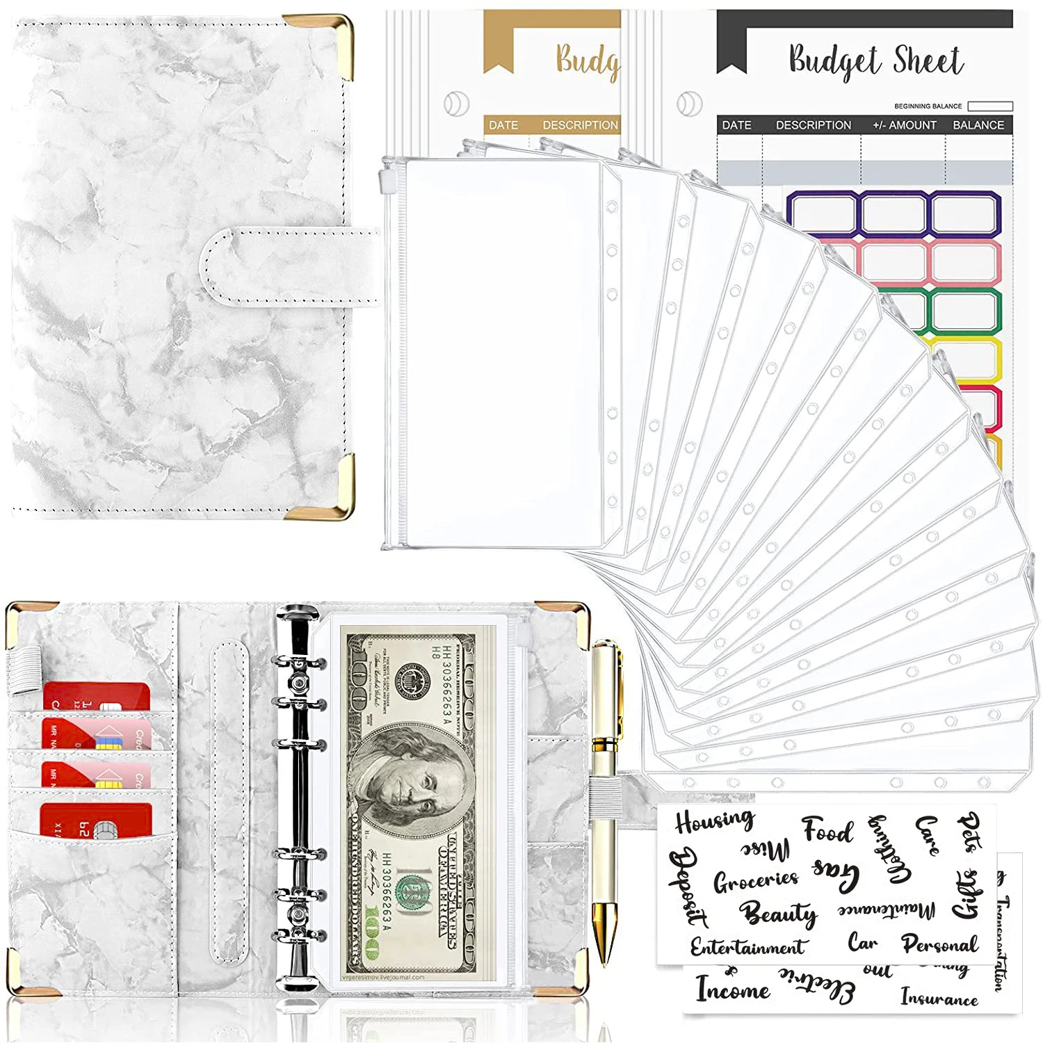 A6 notebook folder, expense budget sheets and labels for budget organizer, cash budget envelopes, cash envelope system