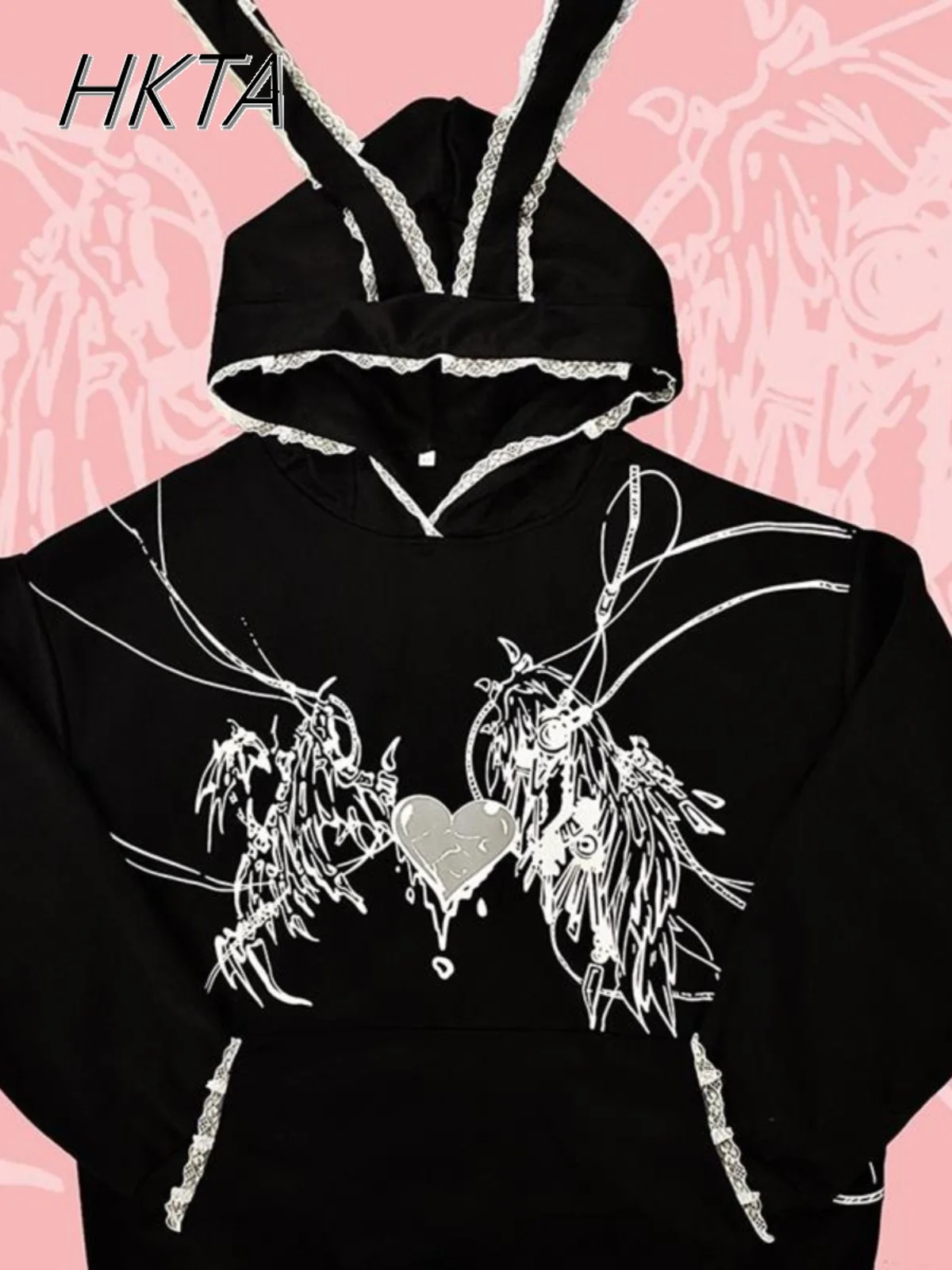 

Subculture Dark Sweet Cool Lace Ears Cute Hooded Y2k Sweatshirt Pullover Women Autumn and Winter Velvet Warm Hoodies Jacket Top