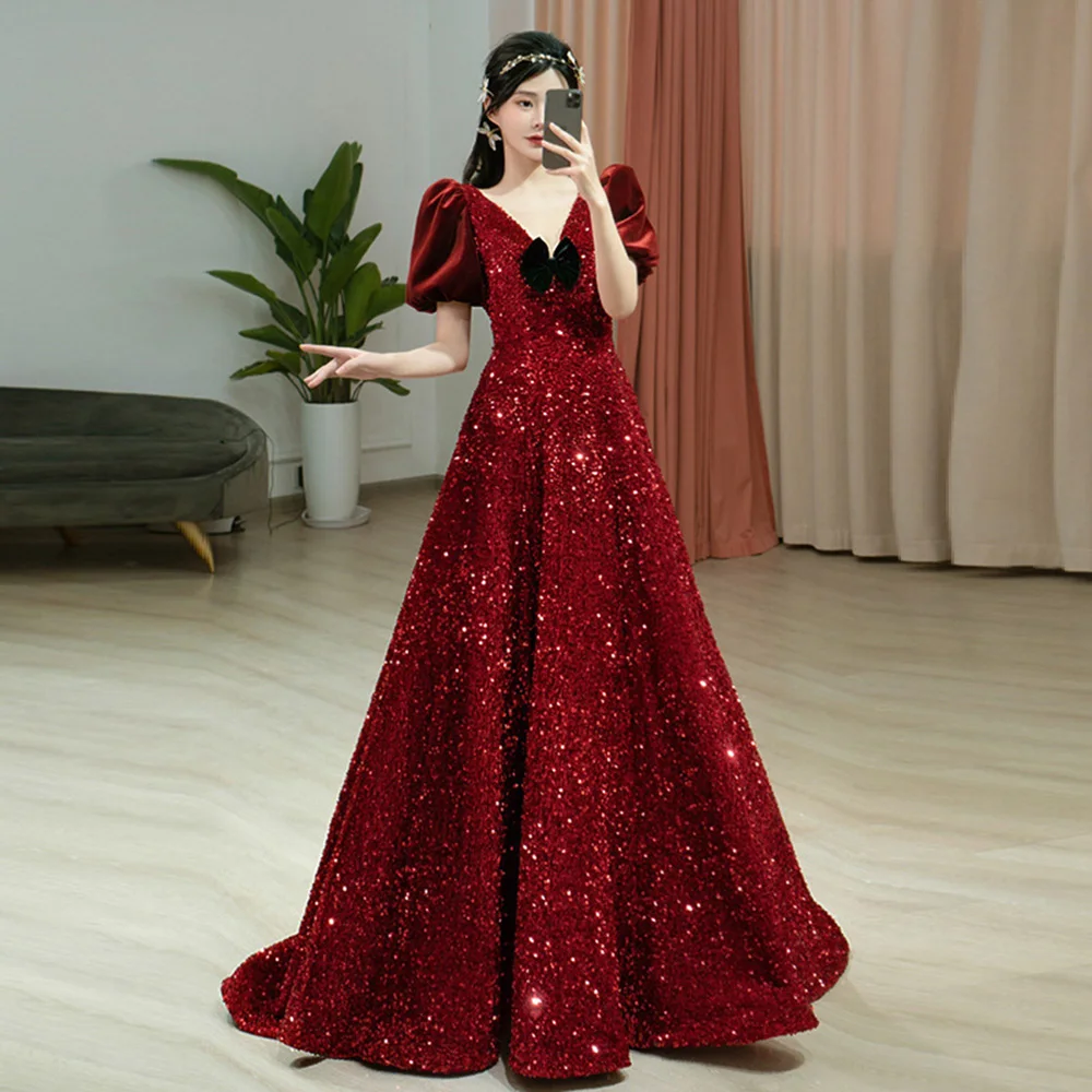 Wine Red Evening Dress Elegant Women's V-Neck Velvet Shinning Sequins Prom Gown Light Luxury Floor-Length Lace Up Vestido