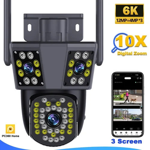Cámara WiFi 6K de 12MP para exteriores, Zoom 10X, seguridad CCTV, Triple lente, Triple pantalla, Ai Track, Mini cámara de videovigilancia IPC360 para el hogar