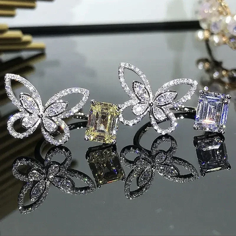 Cristal Espumante Zircônia Anel em Forma de Borboleta para Mulheres, Jóias Lindo, Glamour Elegante, Tamanho Aberto Ajustável, Presente Festa