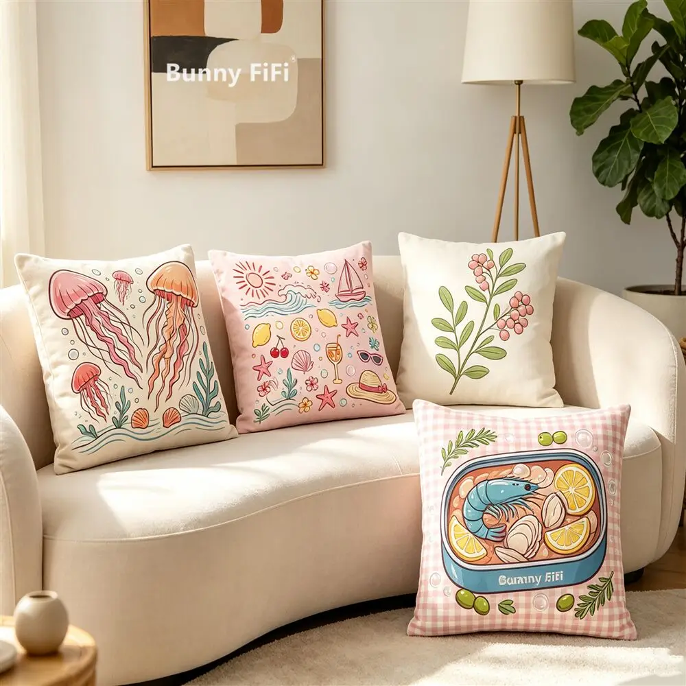Cute Ocean Jellyfish Seafood Floral Cartoon Pillow Cover 45x45cm Cushion Case Pillowcase for Sofa Living Room Home Decoration