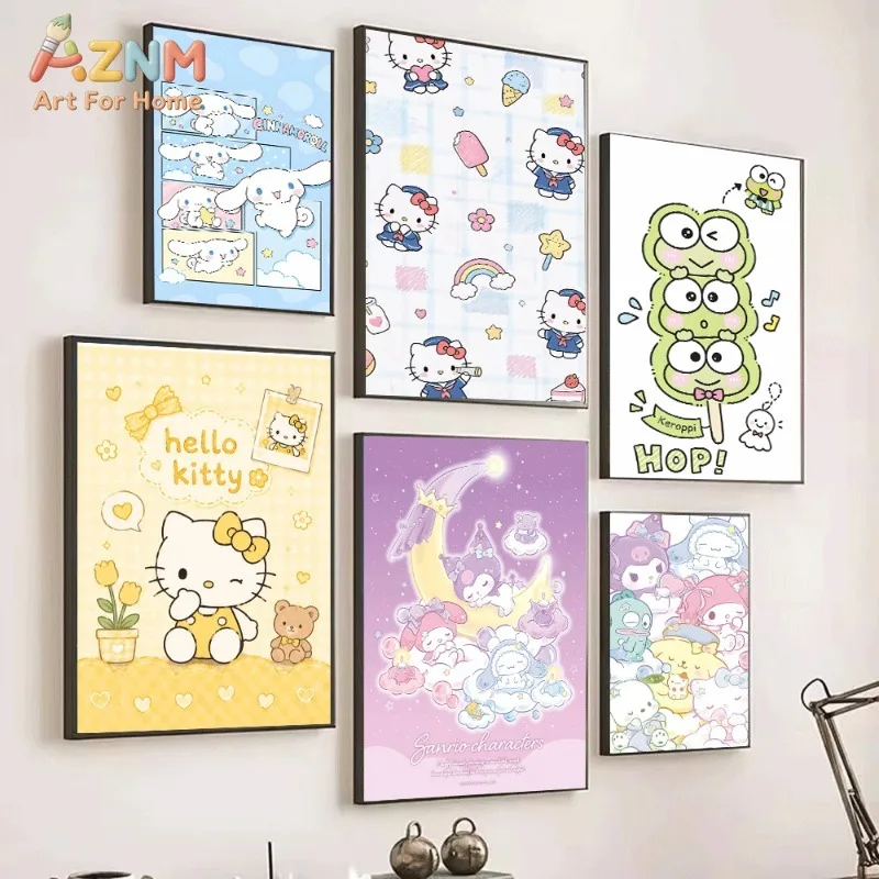Sanrio Cute Cartoon Poster Cinnamoroll Hello Kitty Keroppi Pastel Cloud Star Background Canvas Wall Art No Frame Girls Bedroom