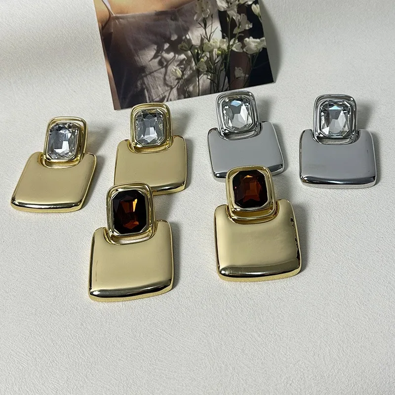 High Quality Vintage Square Mirror Metal Geometric Block Gemstone Earrings for Women Girls Exaggerated Minimalist Jewelry Gifts