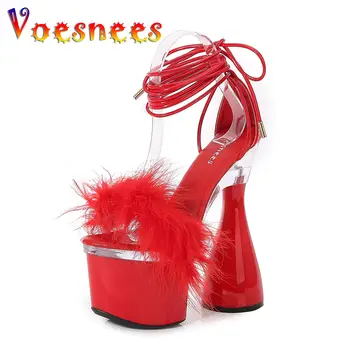 2022新款圓形高跟毛絨涼鞋 女式厚底夏季時尚毛絨派對鞋 17.5公分超高跟踝部交叉綁帶鞋 8 最佳銷售 毛茸茸的高跟鞋 - №4