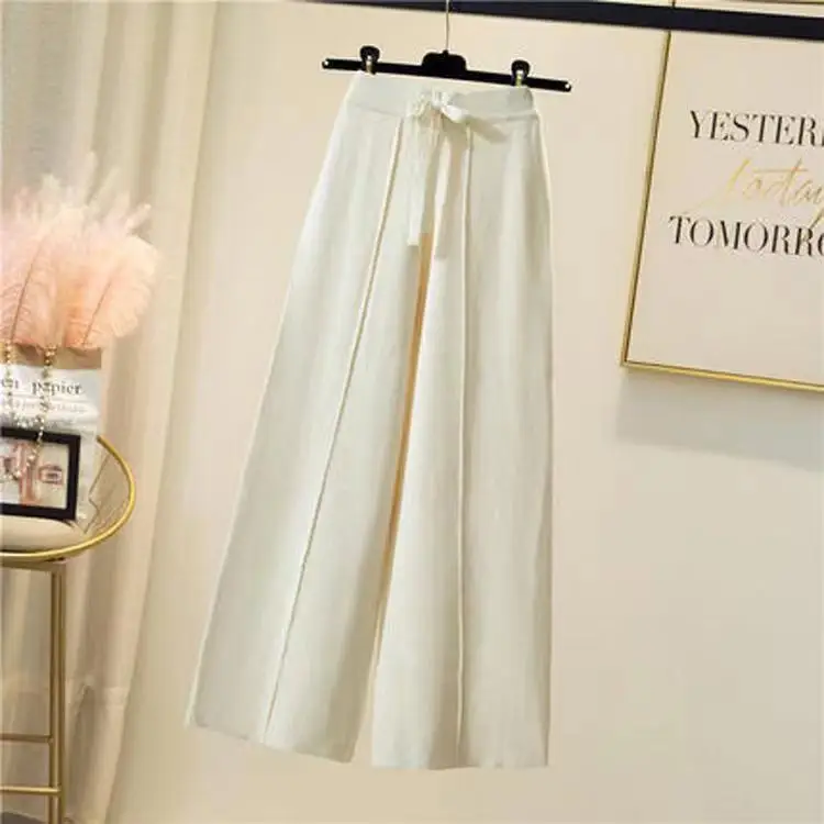 Knitted pants women spring and autumn high waist elastic drape drawstring loose casual mopping pants straight wide leg pants