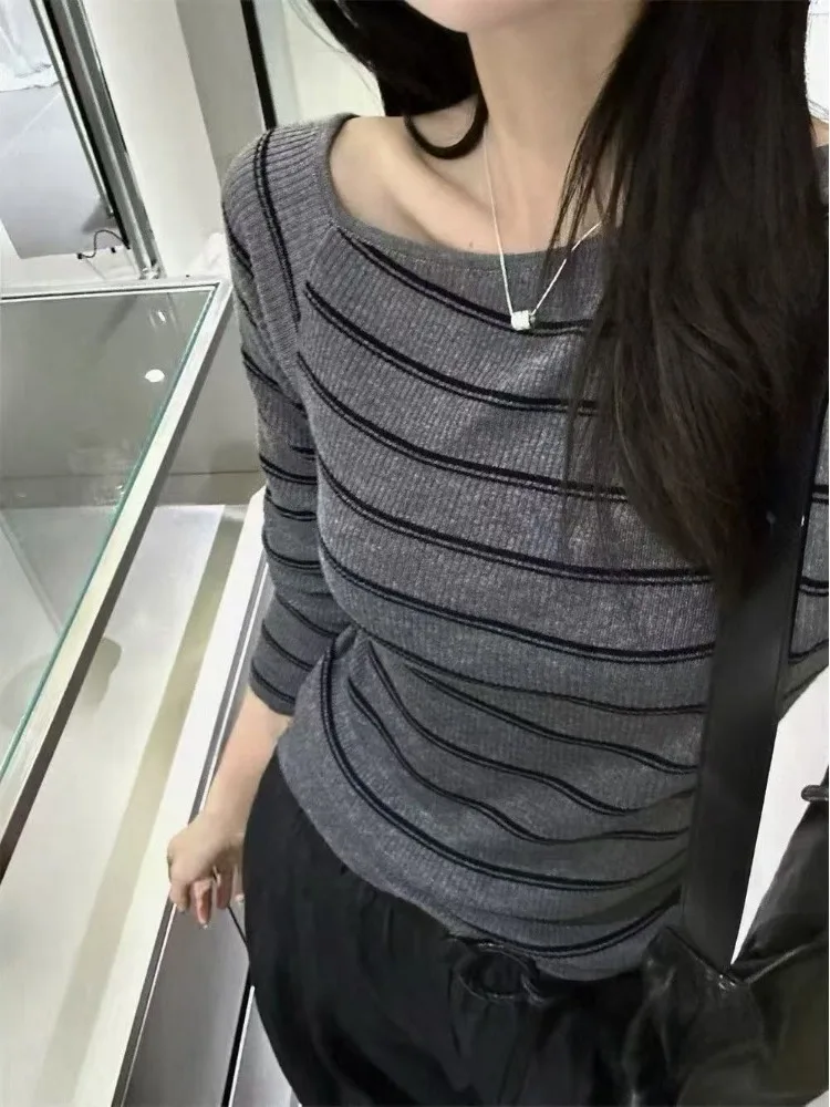 سليم صالح مخطط متماسكة أعلى oulder عارية طويلة Sve قاعدة طبقة الكورية Sle تخفيف الخريف Faion الحفاظ على الدفء #4