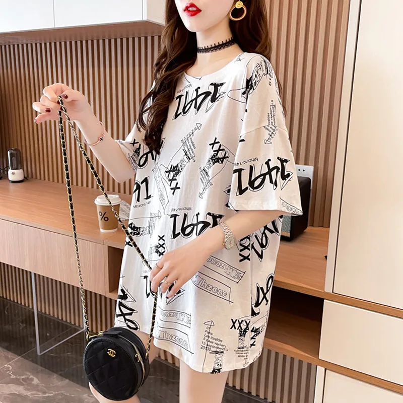 Summer New Short Sleeved Mid Length Korean Women's Top Instagram Trendy Half Sleeve Loose Versatile T-Shirt