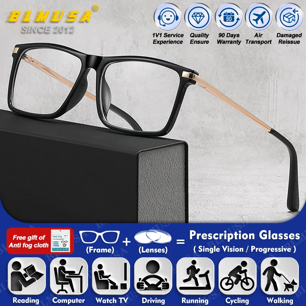 

BLMUSA (M) Comfortable Square Myopia Prescription Computer Glasses Blue Light Blocking Photochromic Progressive Optical Eyeware