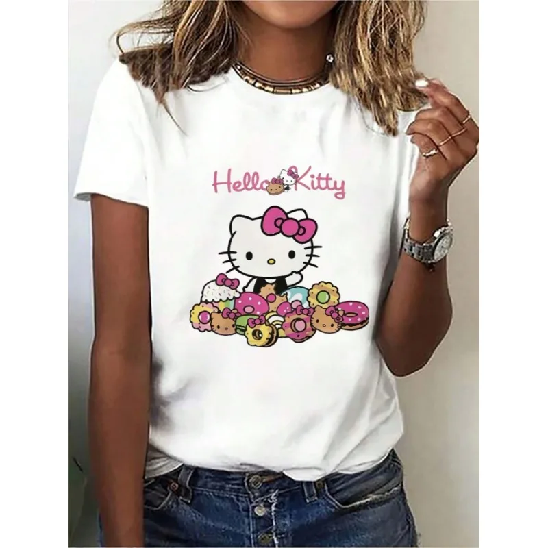 

Женская мода Sanrio Hello Kitty Dessert с принтом, повседневная мягкая футболка с короткими рукавами, футболка в стиле Харадзюку из чистого хлопка