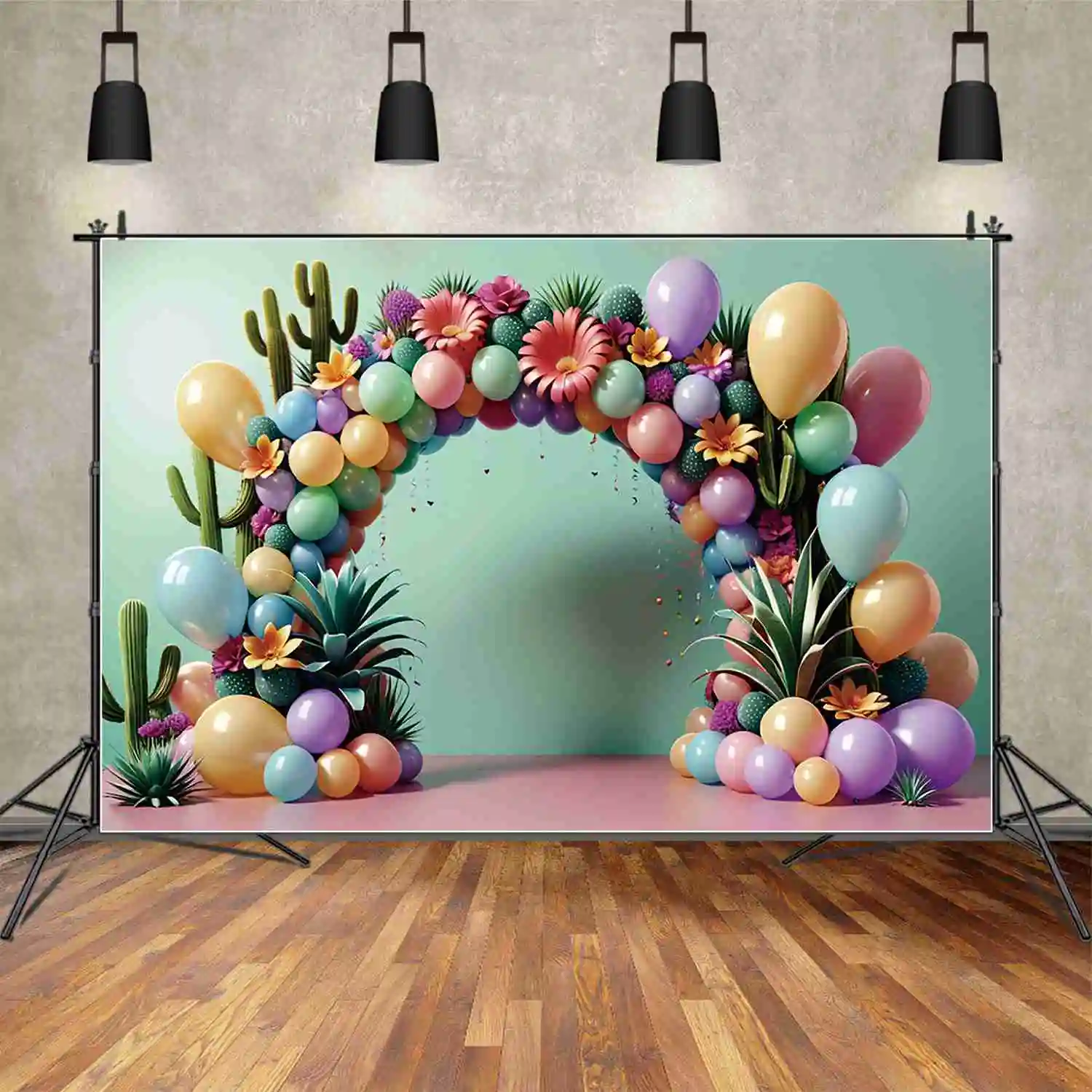 

MOON.QG Balloon Arch Photography Backdrop Baby Cactus Gradient Birthday Party Photo Backgrounds Custom Tropical Photozone Props