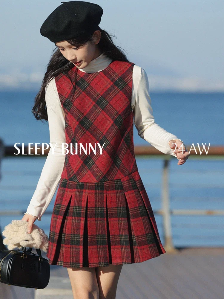 

Vintage Wool Plaid Pinafore Dress for Petite Women Winter Retro Style Sleeveless Dress with Pleated Skirt 2025 Elegant Dresses