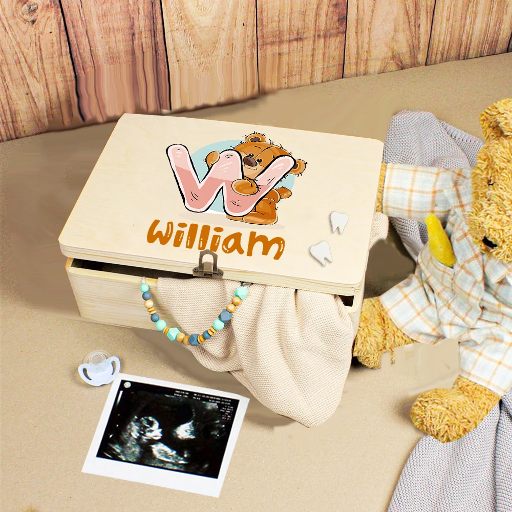 Caja de dientes de bebé con letras personalizadas con nombre, recuerdo de dientes, pelo rizado Umbilical, cajas de recogida de madera, regalo de