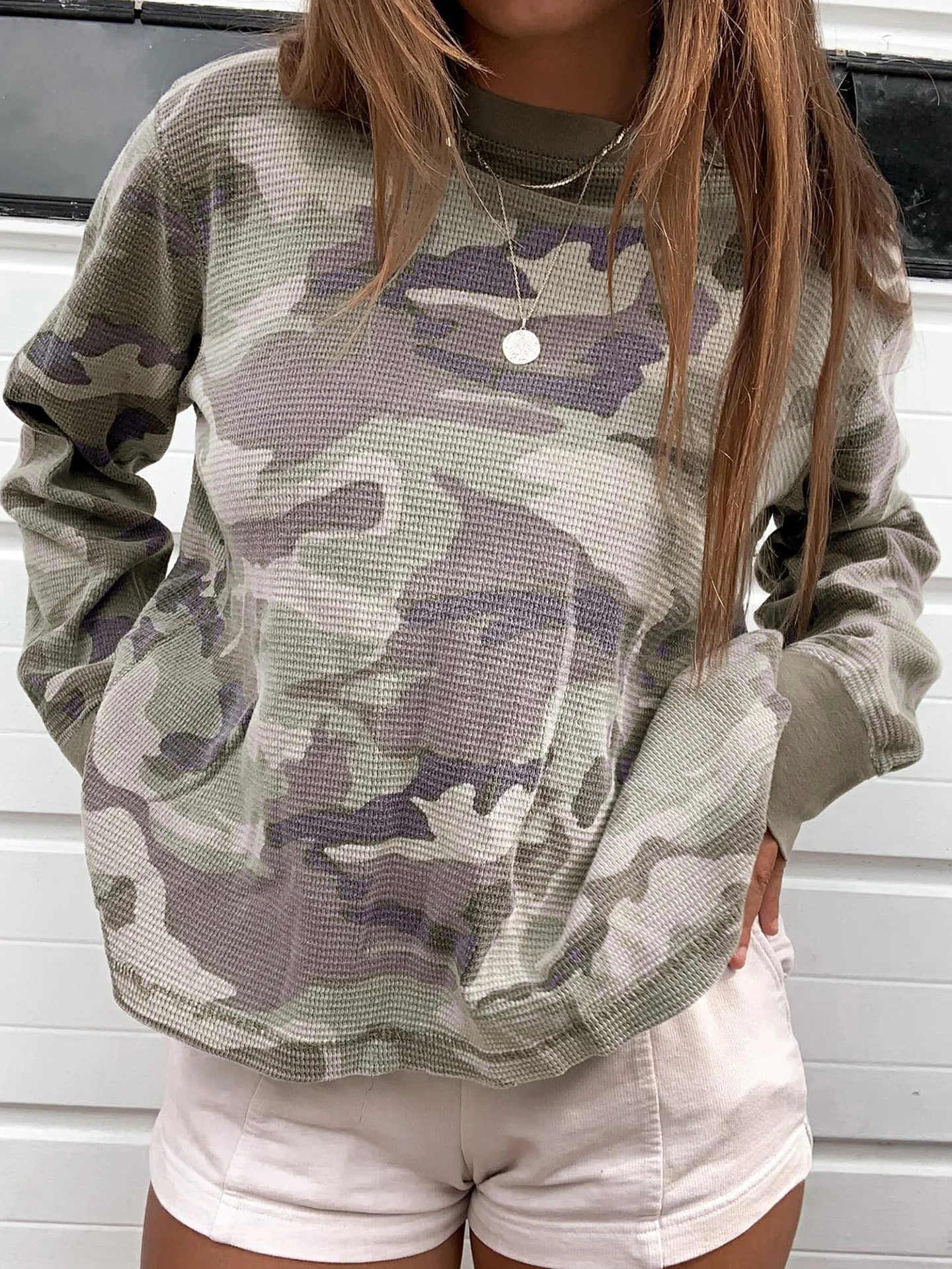 Retro Style Camouflage Long Sleeve Knitted T-Shirt Women's Casual round Neck Top for Autumn Winter Comfortable Loose Fit Poly...